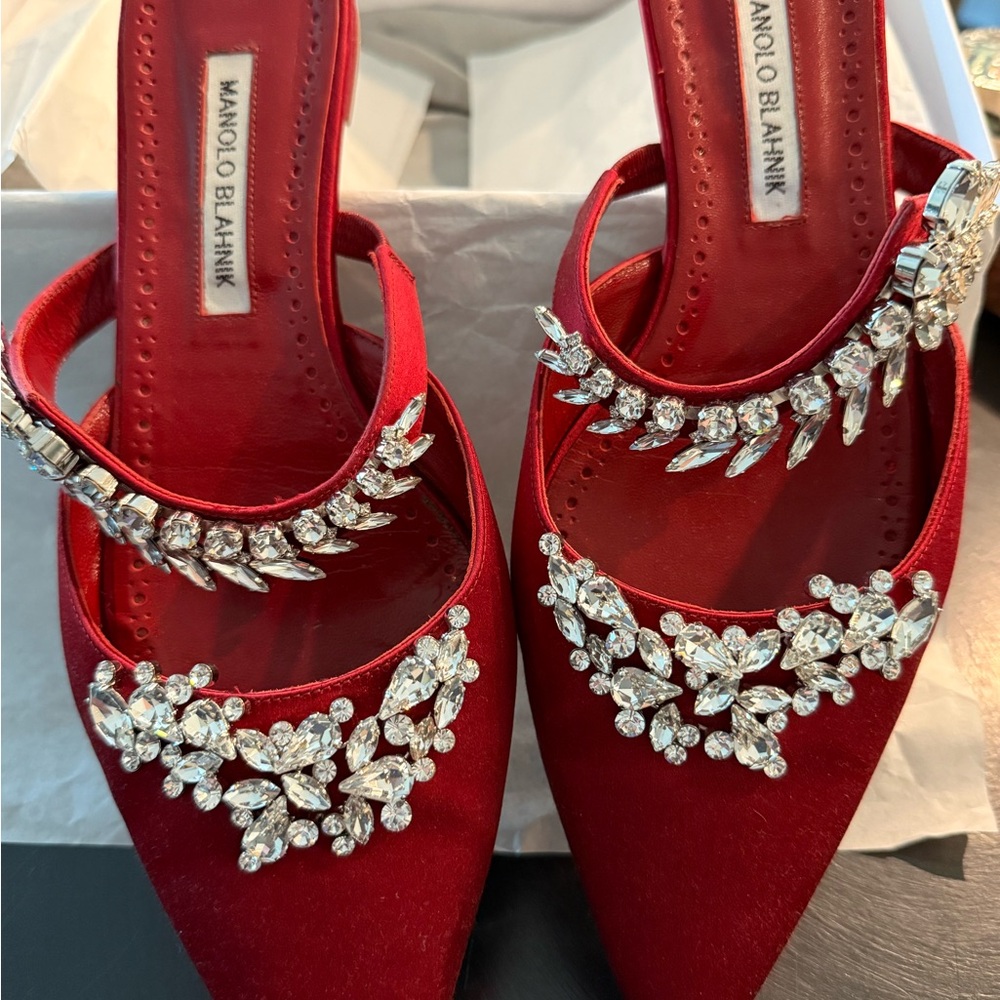 Manolo Blahnik Red Crystal Embellished Heels